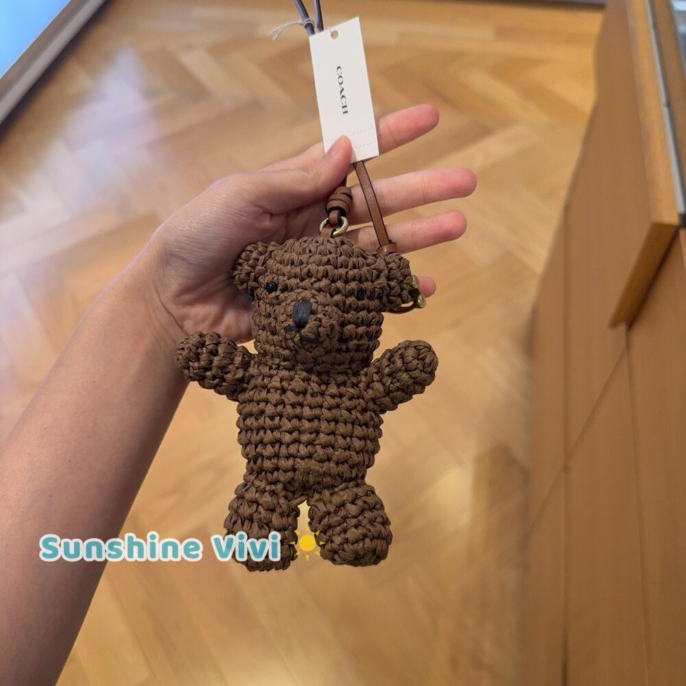 NWT Coach Straw Teddy Bear Bag Charm Brass Gold CER51 Keychain Leather